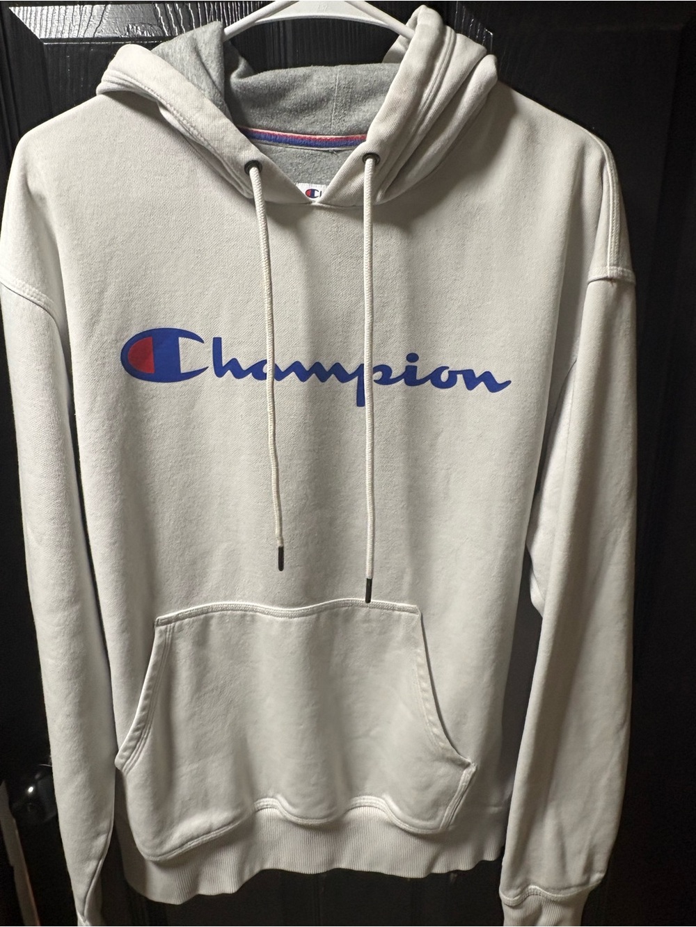 Champion Cream Hoodie with Blue and Red Logo Tag